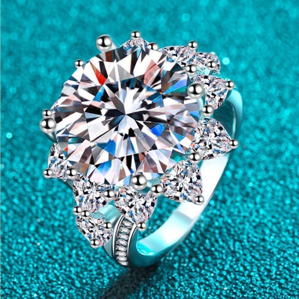 Certified 10 Carat Moissanite Flower Rhodium Plated 925 Sterling Silver Ring​